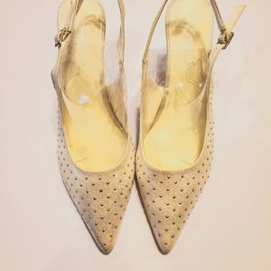 Studded light silver slingbacks 3 in heel, size 11 lightly worn.
